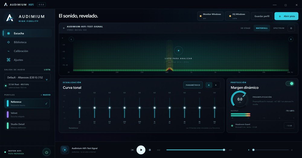 Interfaz de Audimium HiFi con analizador waterfall y ecualizador de diez bandas